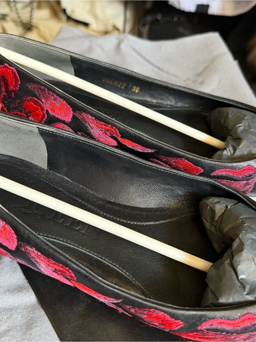 Alexander McQueen Black Leather Flats with Red Embroidered Floral Motif